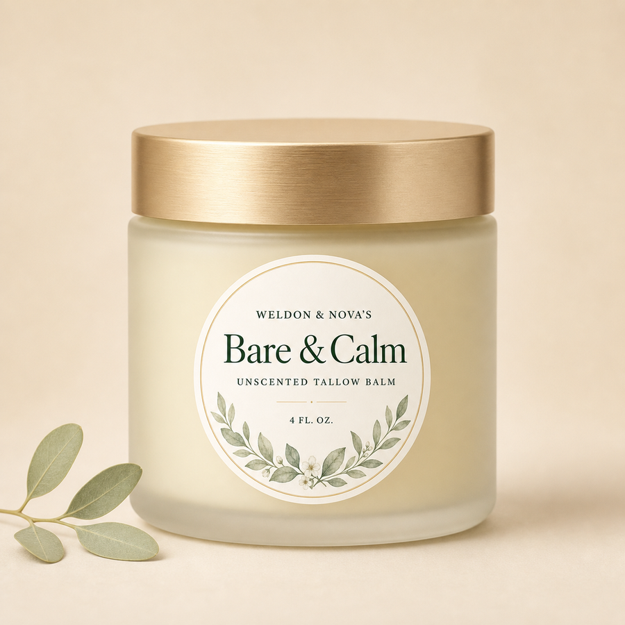 A frosted glass jar of tallow with a brushed gold lid and a white circular label reading 'Weldon & Nova's Bare & Calm Unscented Tallow Balm 4 FL.OZ.