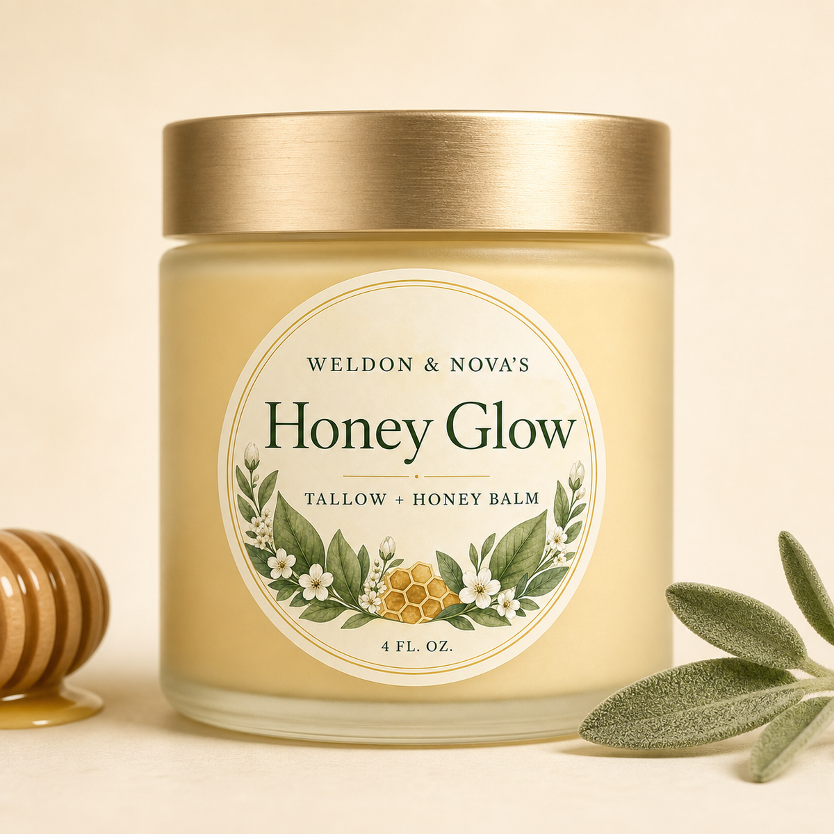 A glass jar of tallow with a gold lid and a cream-colored label reading 'Weldon & Nova's Honey Glow Tallow + Honey Balm 4 FL.OZ.