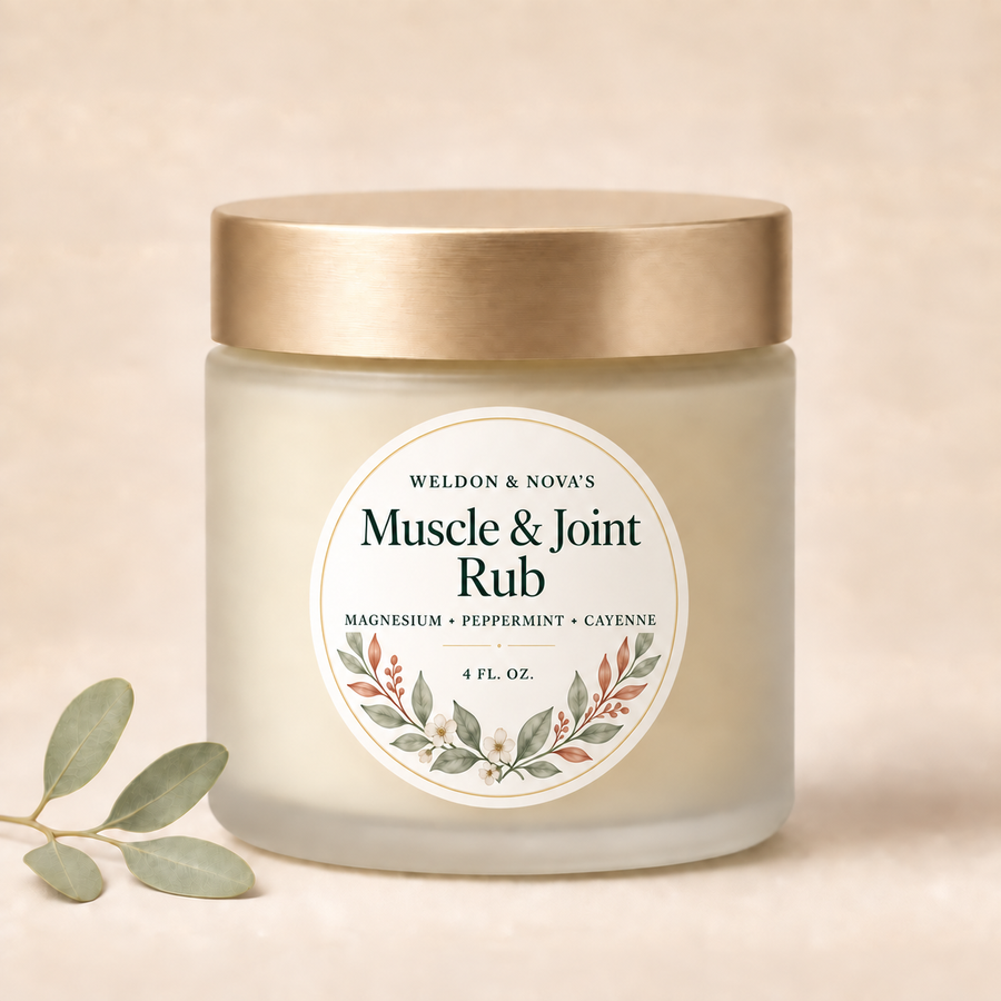 Weldon and Nova’s Muscle and Joint Rub with magnesium, peppermint and cayenne in a 4-ounce jar