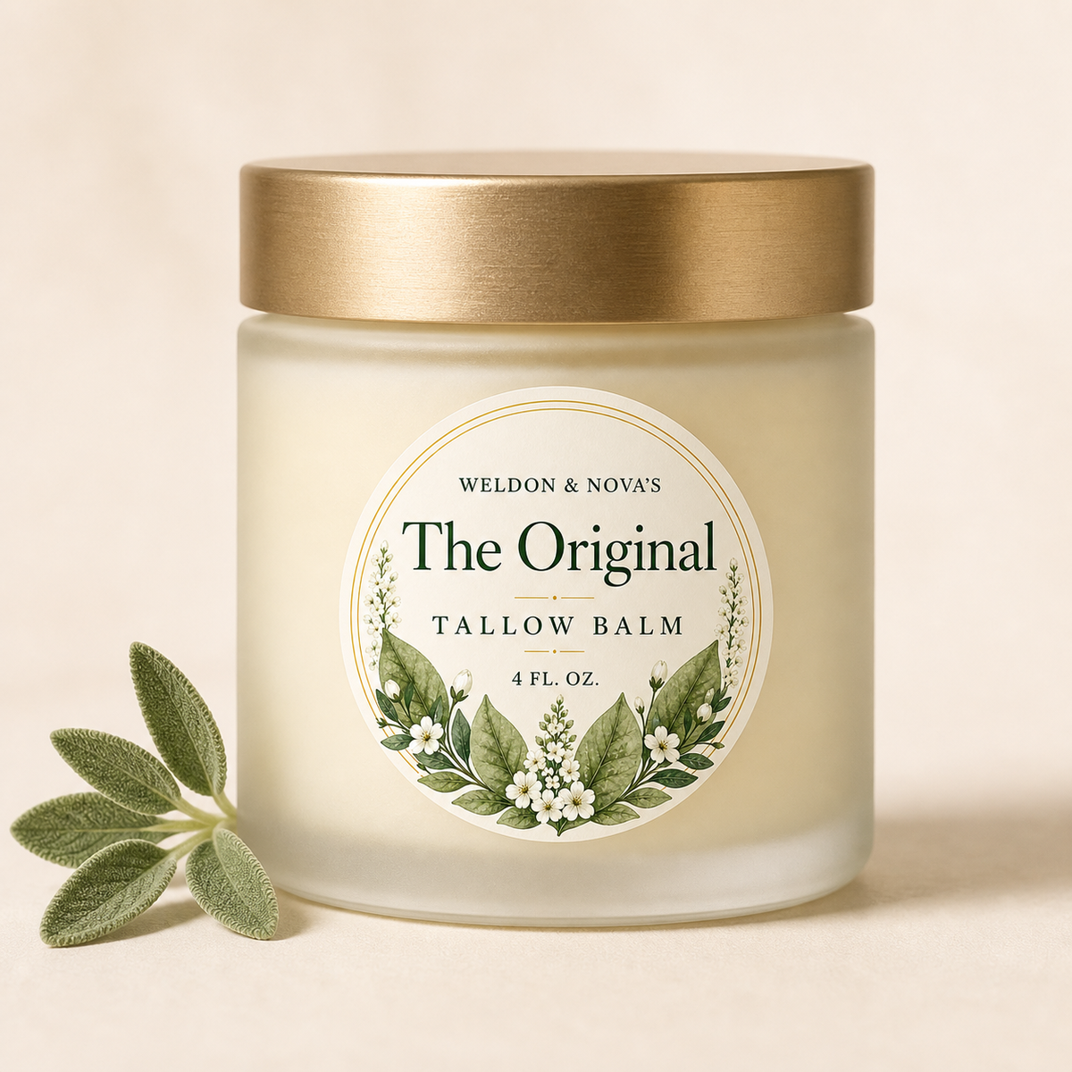 A frosted glass jar of tallow with a brushed gold lid and a round botanical label reading 'Weldon & Novas The Original Tallow Balm 4 FL. OZ.